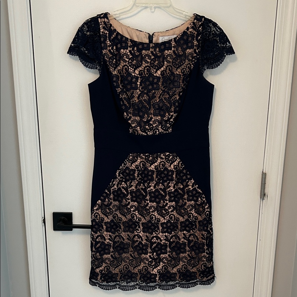 Jessica Simpson Navy and Beige Lace Mini Dress